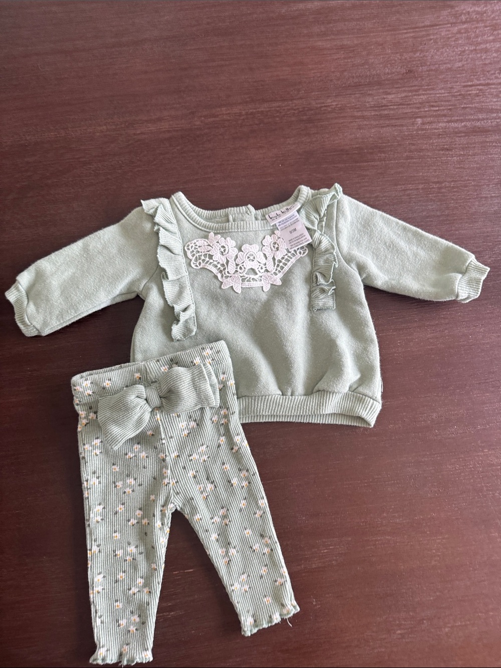 Baby Girl Sage Green Ruffle Sweater & Floral Bow Leggings Set